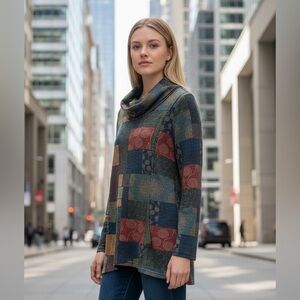 #496 Multicolor Patchwork Cowl Neck Sweater